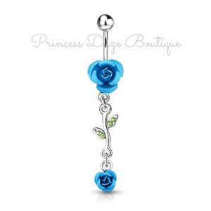 Aqua Rose Dangle Belly Button Ring